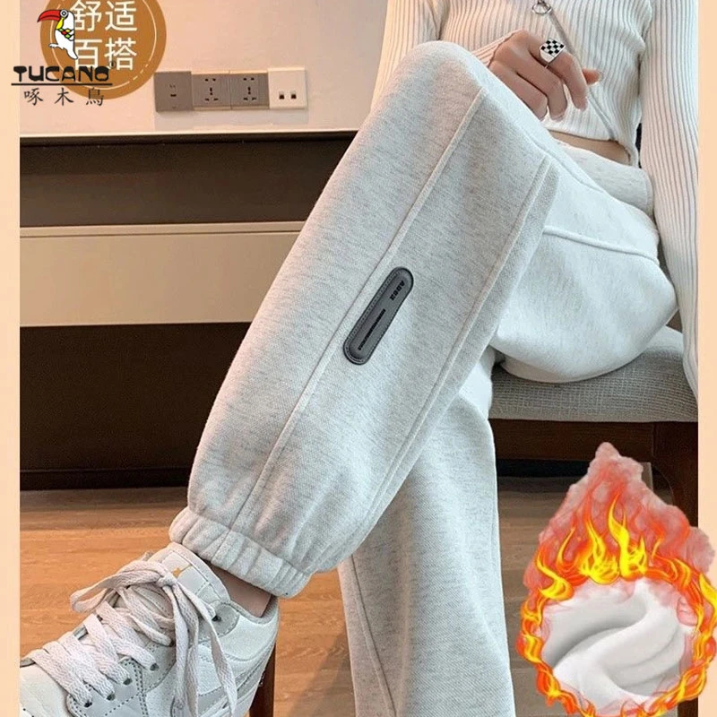 啄木鸟秋冬季新款加绒运动裤女保暖外穿束脚休闲裤宽松显瘦哈伦裤