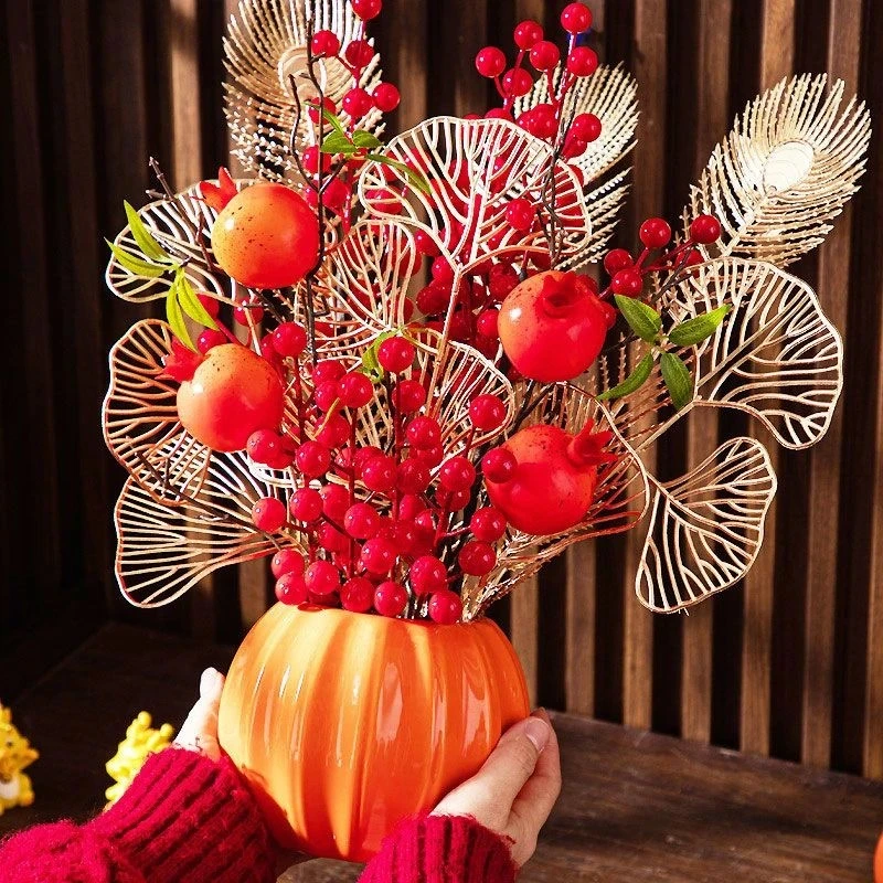 南瓜福桶家居摆件高档轻奢婚房客厅装饰摆件客厅仿真柿子石榴盆景