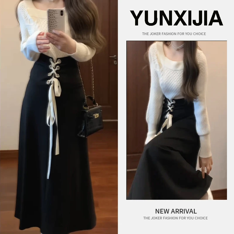 【现货】秋冬温柔系穿搭女新款韩版设计感气质针织上衣半身裙两件套