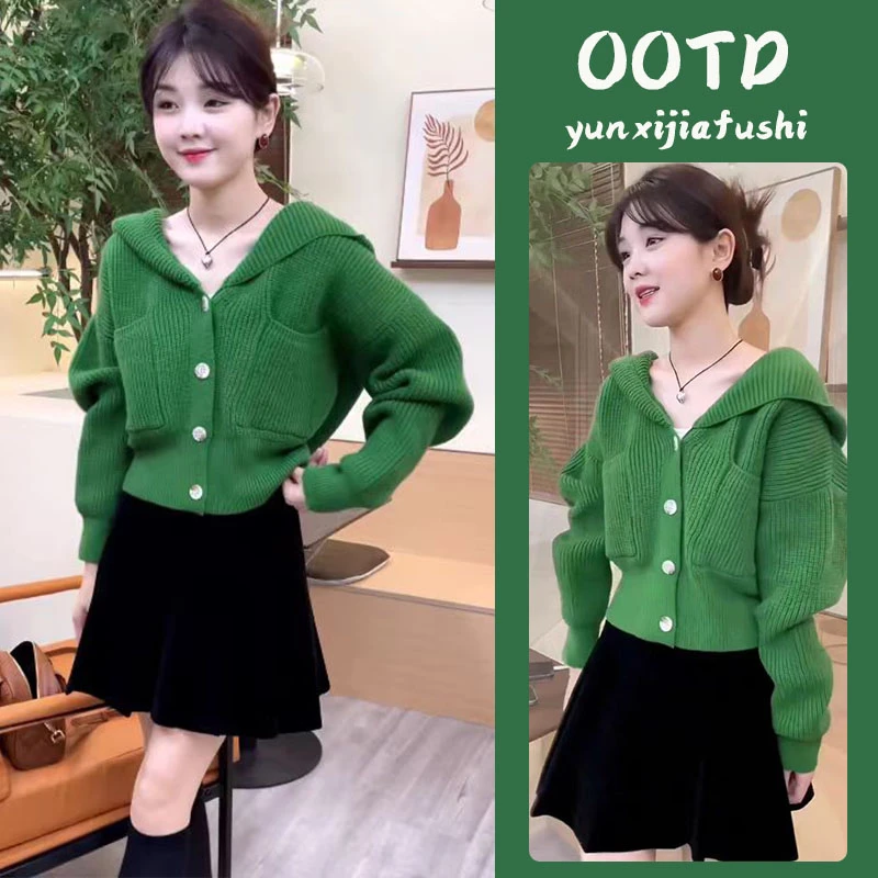 入秋一整套女装2024新款韩版翻领针织毛衣开衫显瘦a字短裙两件套