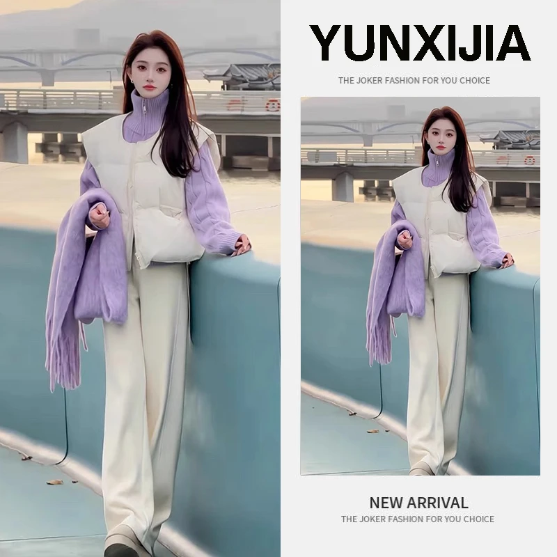 秋冬温柔系穿搭女新款韩版盐系轻熟高级感马甲毛衣休闲裤三件套