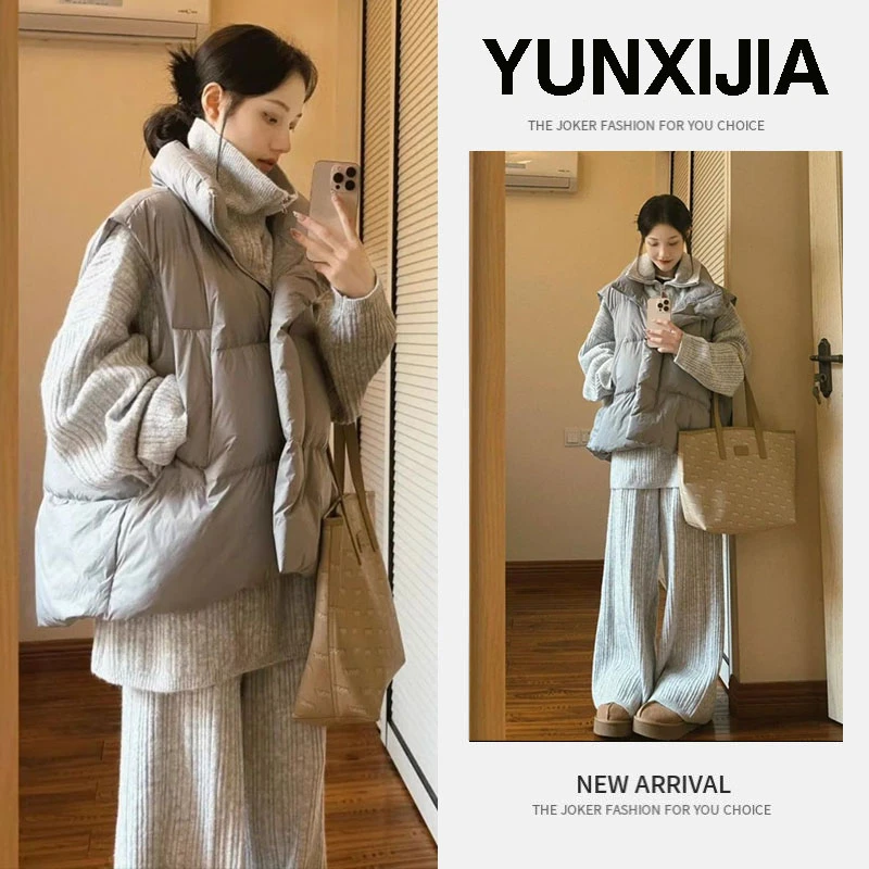 冬季时尚穿搭2024年新款韩版百搭棉服马甲针织上衣休闲裤三件套装