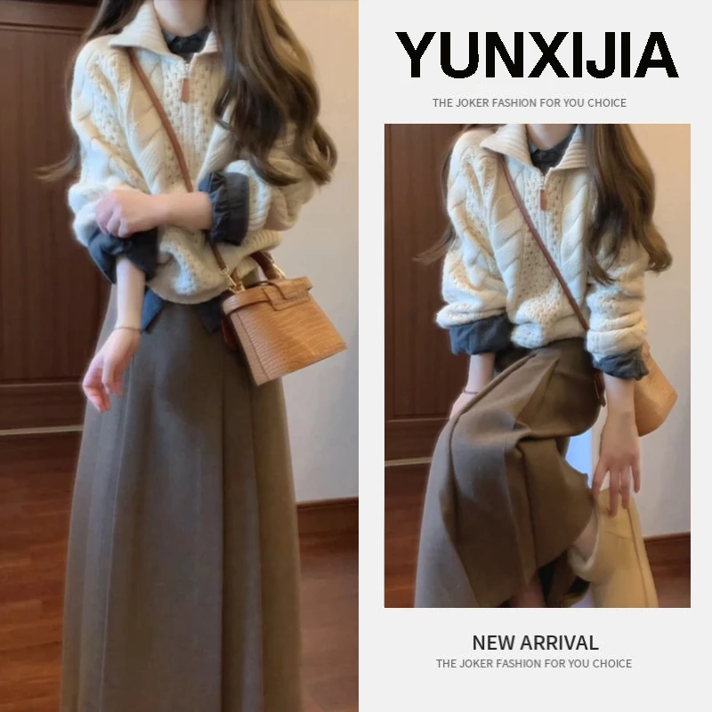 秋冬装韩系穿搭一整套秋冬季女装学院风衬衫毛衣半身裙两件套装