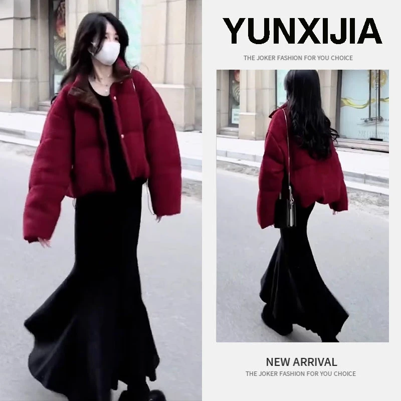 2024新年战袍棉服面包服冬装搭配一整套棉衣短款外套半身裙两件套