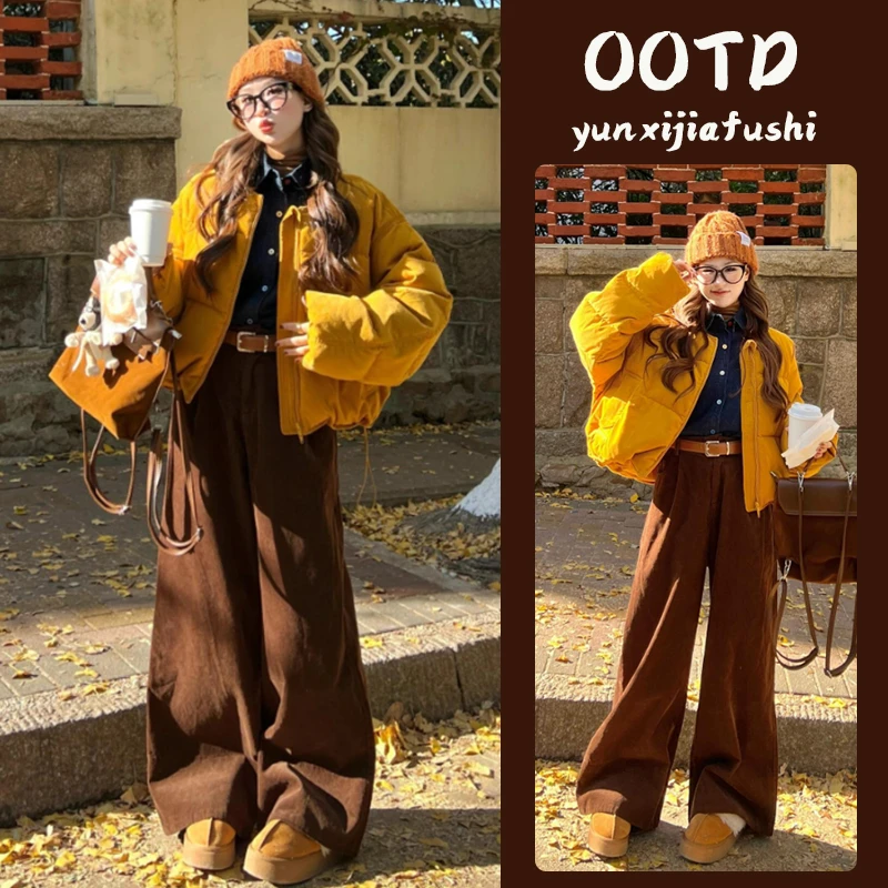 2024冬季美拉德穿搭一整套女新款韩版宽松保暖棉服阔腿裤两件套潮