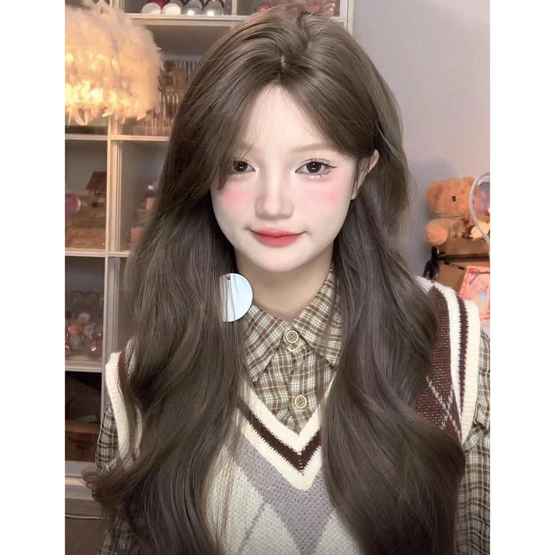 OK茶【小亦专属】小仙鱼假发女小额蕾丝榛果灰棕色中分八字长卷发