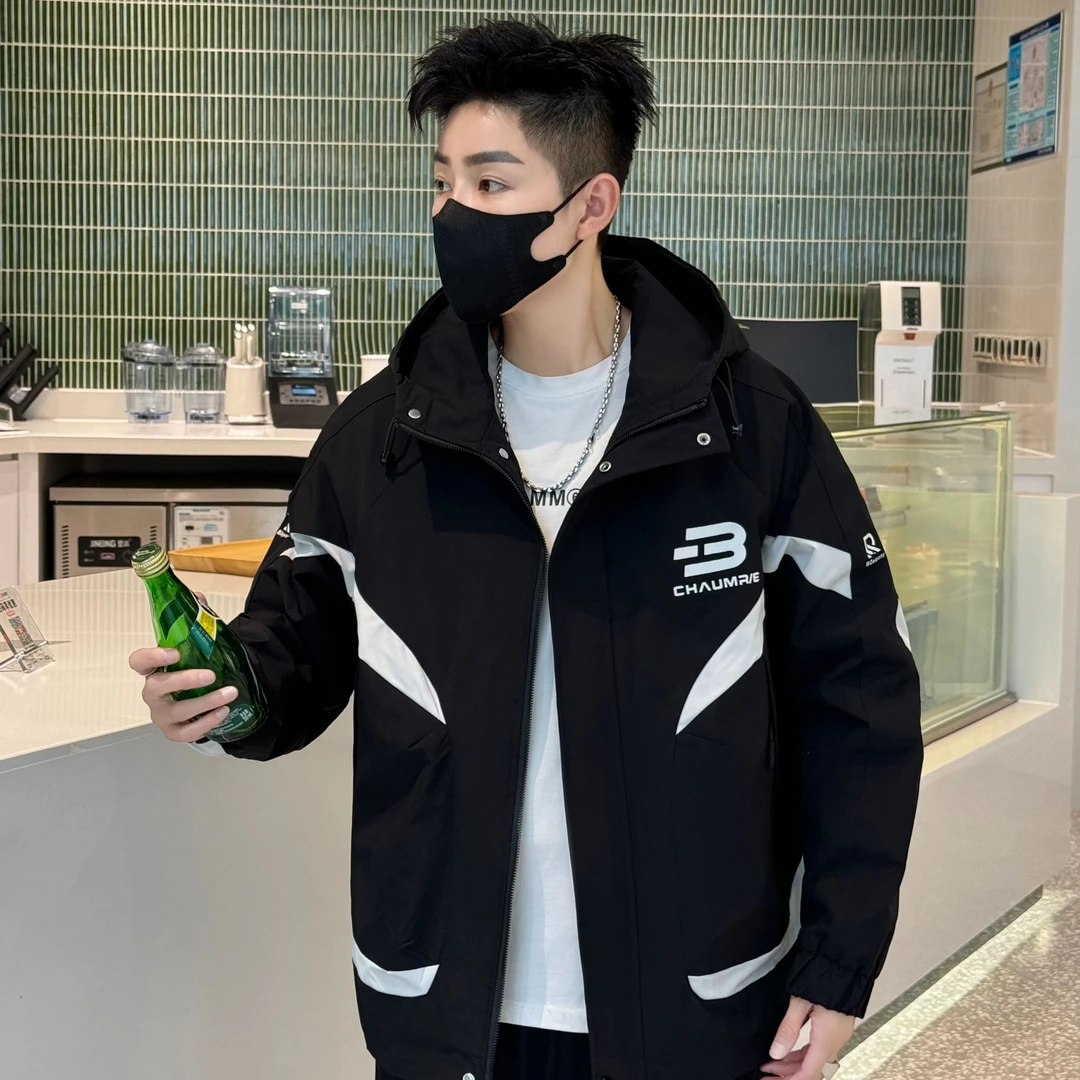 【加绒加厚】秋季男生休闲运动拼接潮流外套情侣宽松连帽韩版百搭