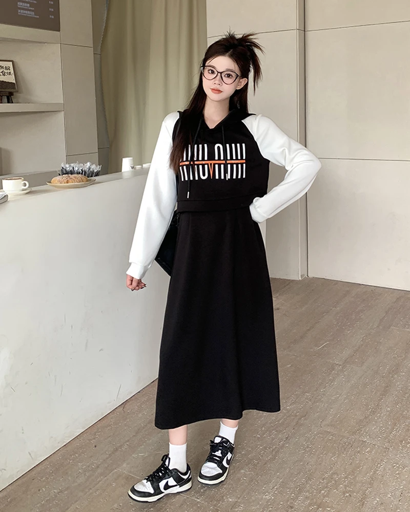 大码2025春季时尚韩版连帽上衣显瘦连衣裙微胖mm减龄裙子女63498
