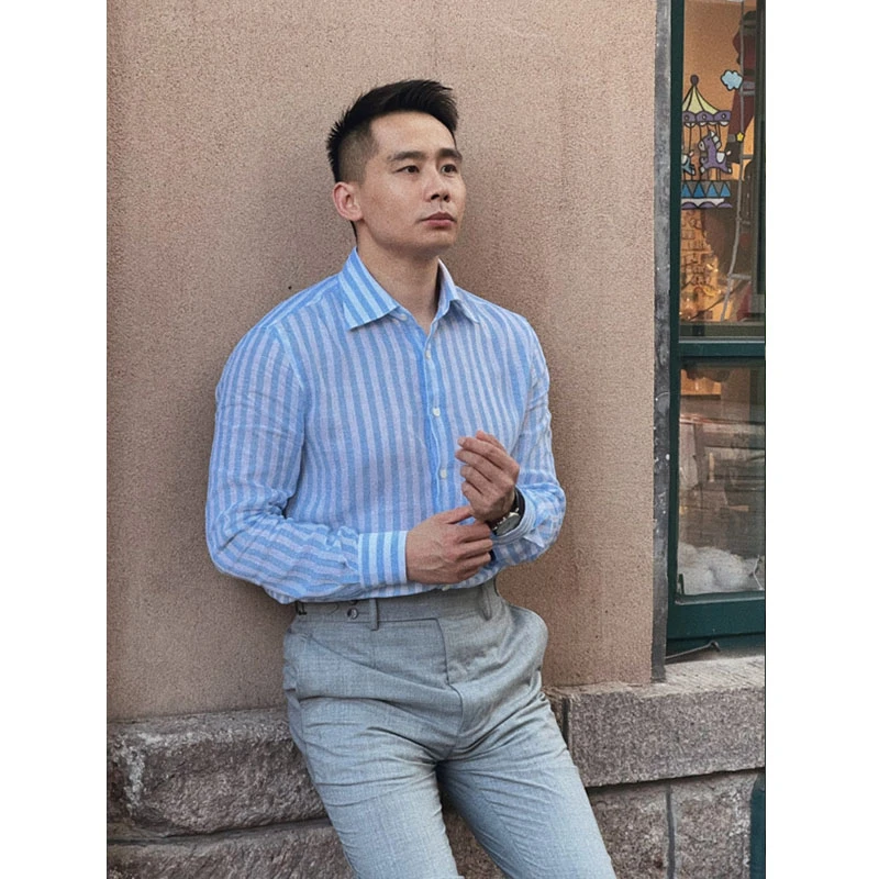 BANG&MAIZE夏款高级亚麻浅蓝竖条纹休闲衬衫