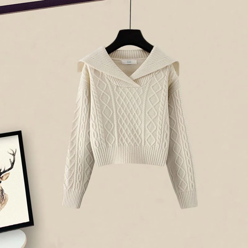 设计感小众毛衣女高腰短款大翻领春秋冬新款娃娃领毛衣针织衫上衣