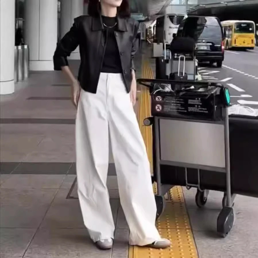 2024秋季新款高级感翻领小皮衣外套白色休闲裤女M568