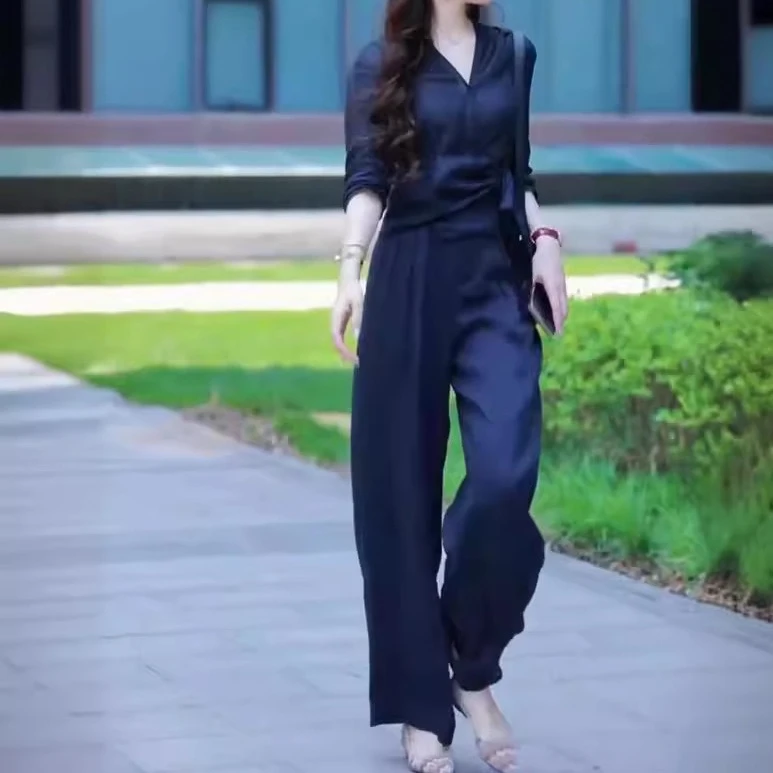 新款高级感V领系带上衣高腰阔腿裤显瘦女