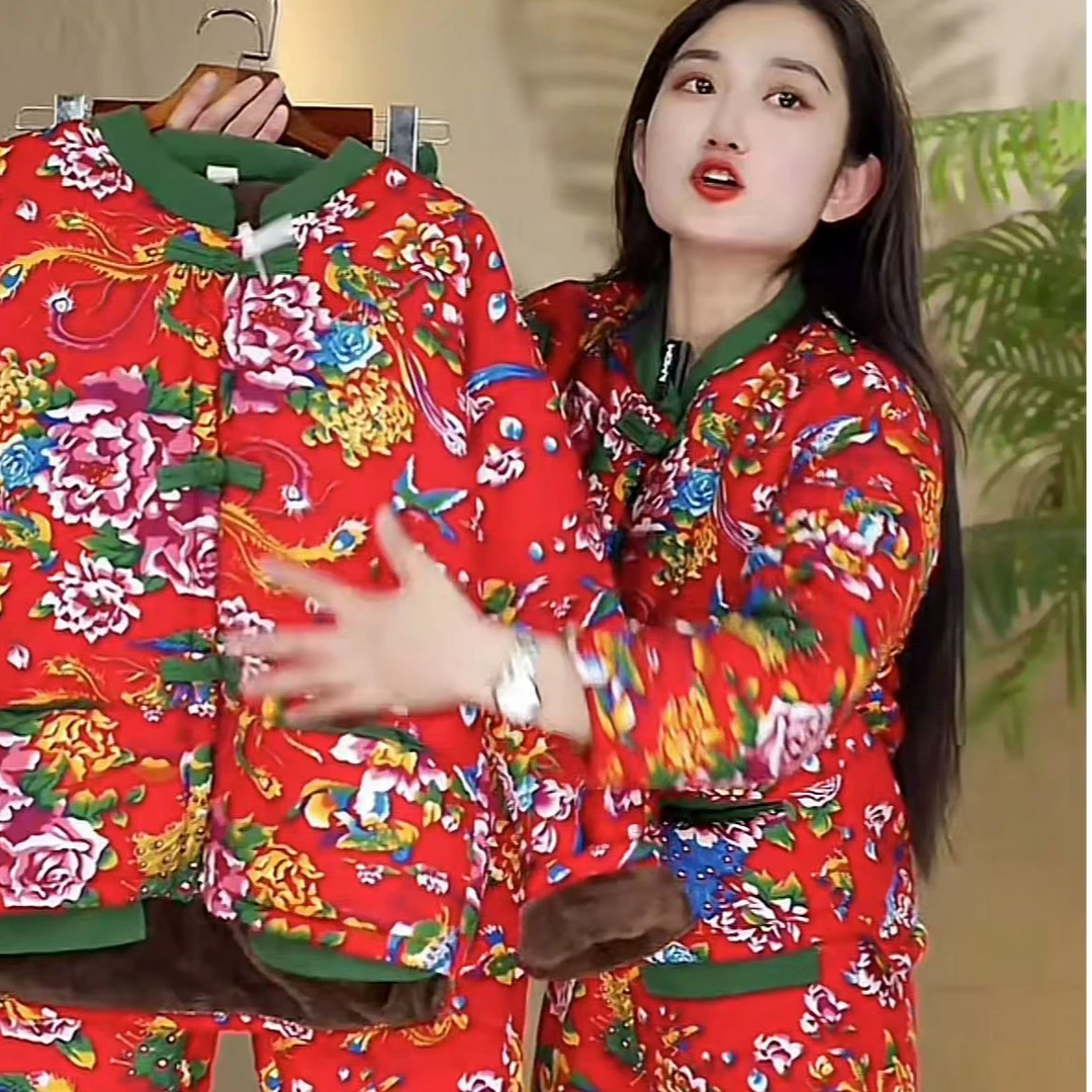 24款东北大花棉袄冬季新年民族复古新款喜庆保暖棉服棉衣棉裤套装