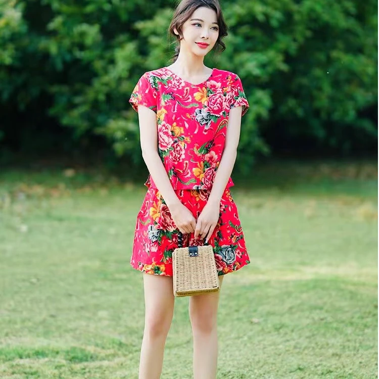 东北大花衣服短袖大花裤两件套扭秧歌二人转演出服妈妈装聚会服夏