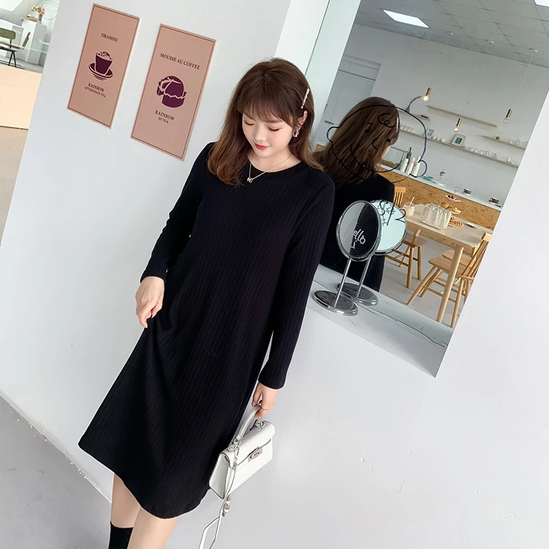 秋冬新款大码女装直筒显瘦遮肚胖MM针织连衣裙黑色中长款打底裙
