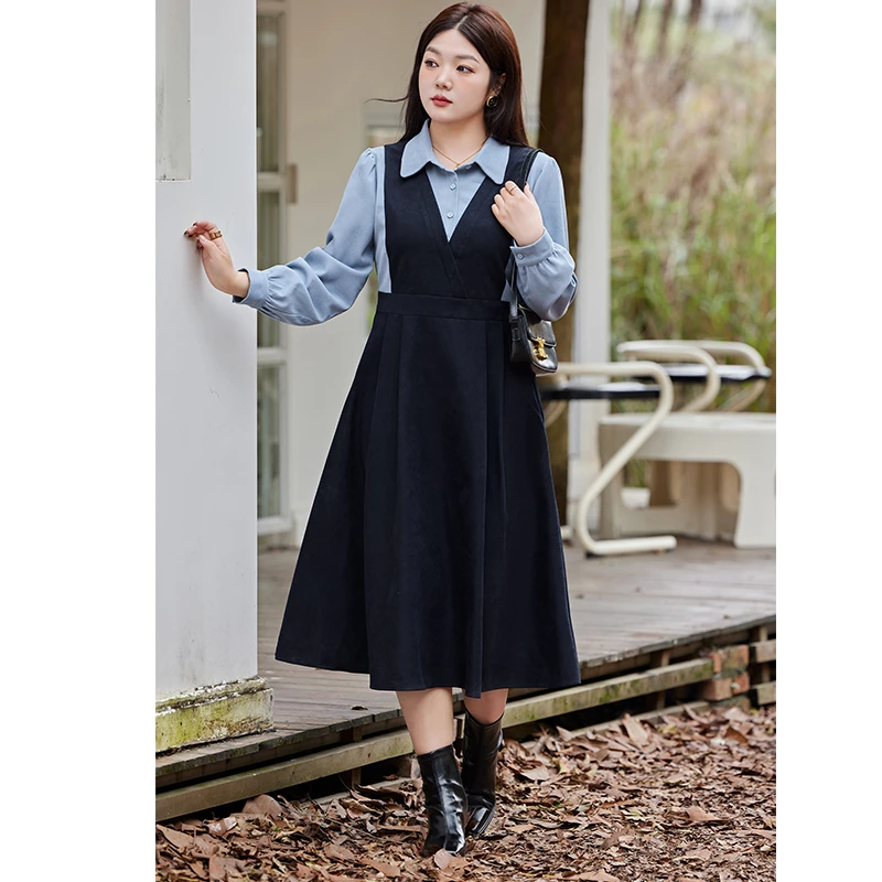 冬季新款大码女装假两件套连衣裙气质胖MM显瘦遮肚子收腰A字长裙