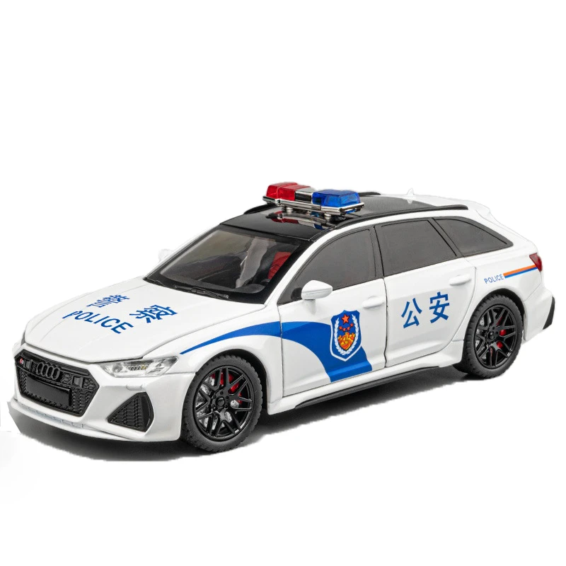 车致1:24 奥迪RS6警车合金模型 开门声光回力避震转向折镜开油箱