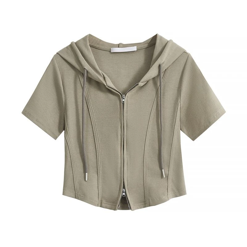大码女装胖MM短袖T恤女夏季新款韩版高腰修身显瘦连帽短款上衣女