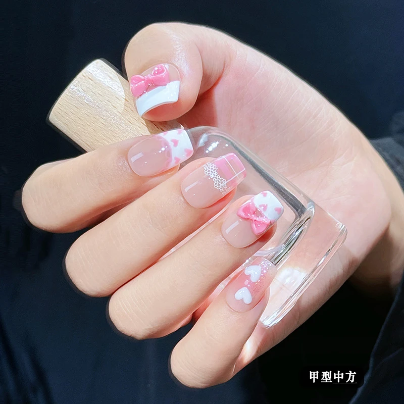 【小时代】甜美彩绘蕾丝爱心粉色纯手工穿戴甲立体蝴蝶结显白短甲