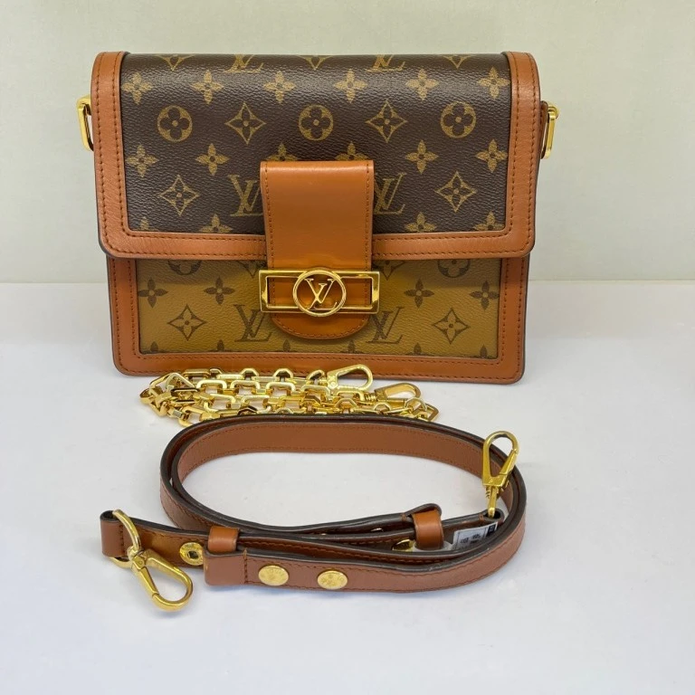 90新 LouisVuitton/路易威登 达芙妮中号拼色棕色邮差包斜跨包