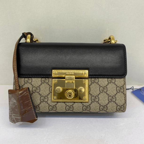 95新 GUCCI/古驰 古驰Padlock 黑金老花拼黑色单肩斜挎包