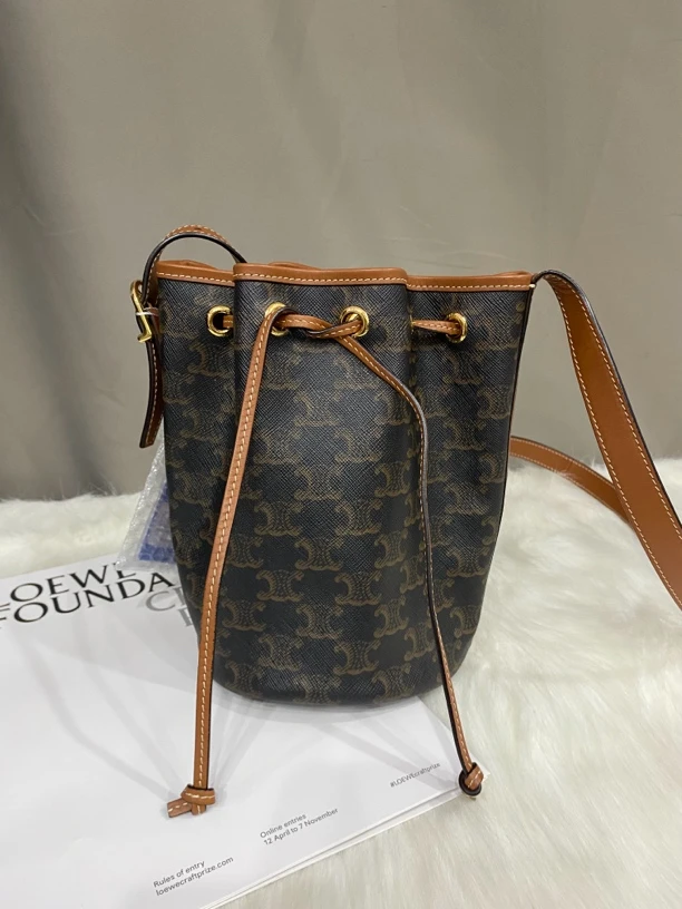 95新 思琳 水桶包小号老花棕色单肩斜挎包