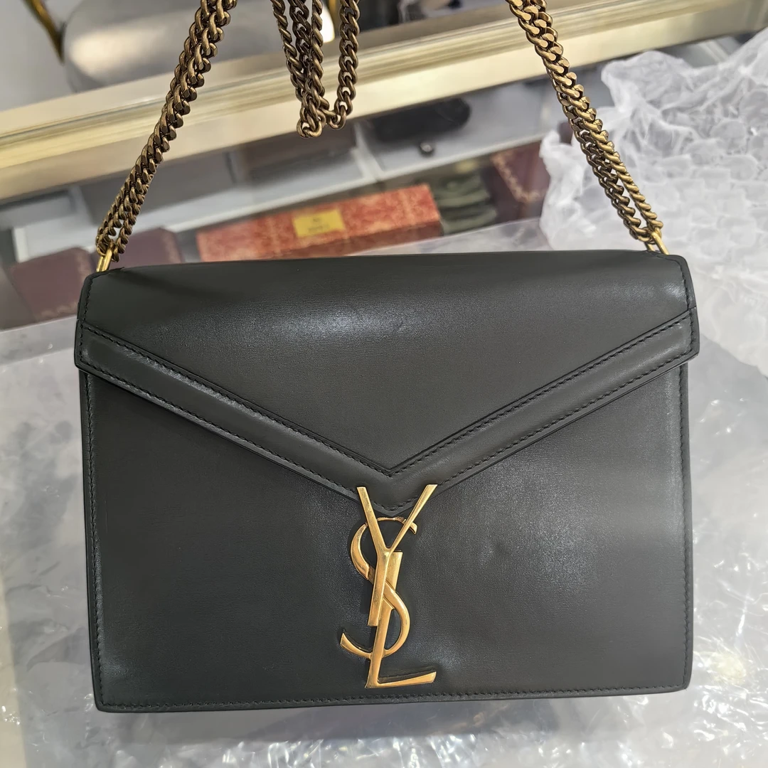 95新 YSL/圣罗兰 单肩斜挎包链条包墨绿色邮差包