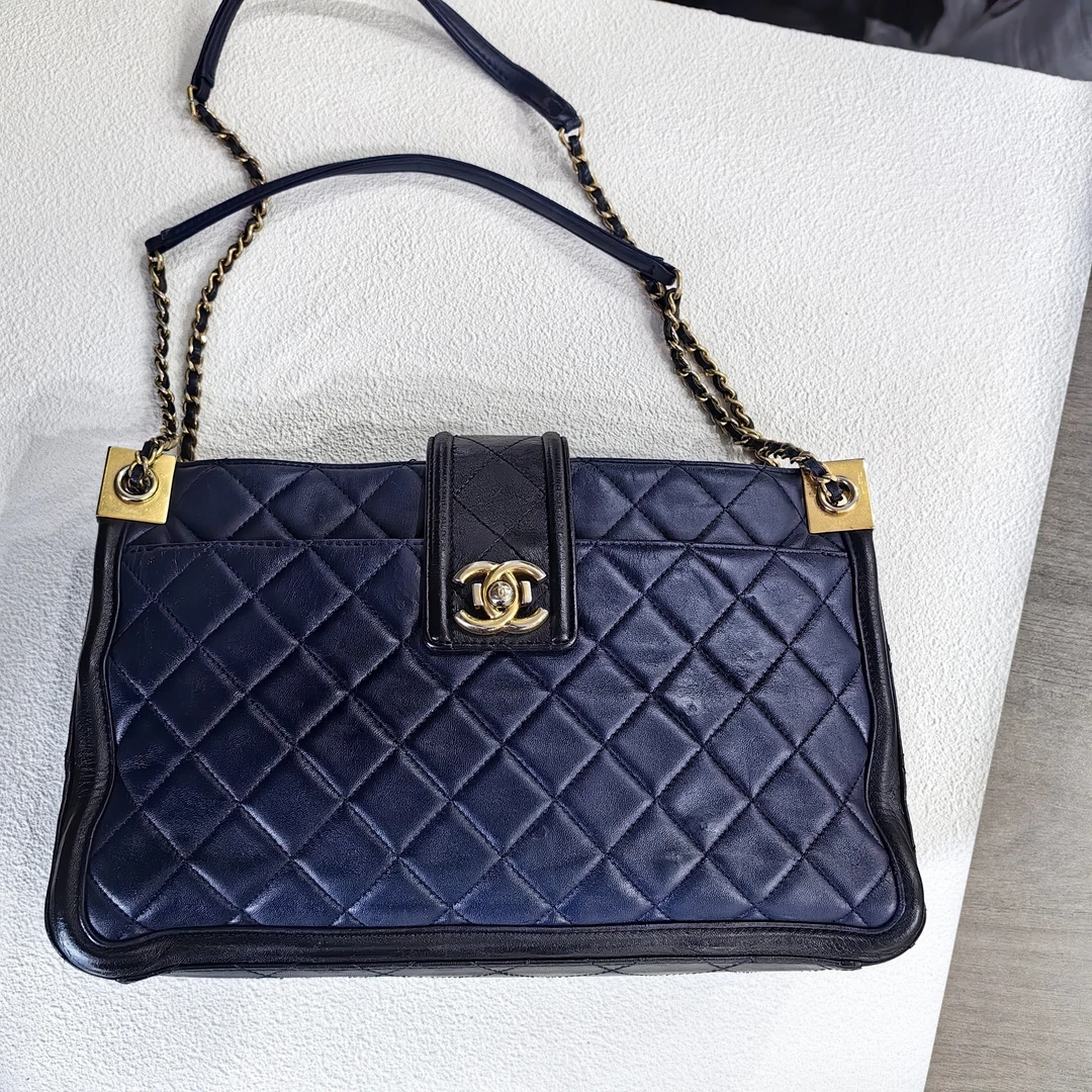 95新 Chanel/香奈儿 蓝色拼黑色宫廷tote 手提单肩包腋下包链条包