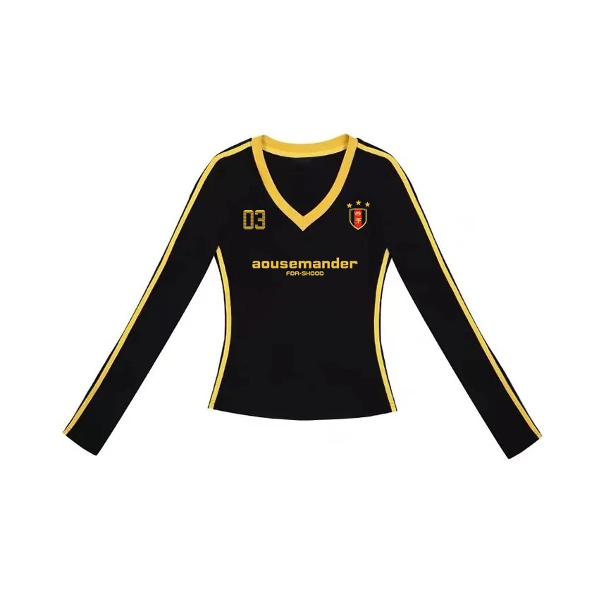 FDR SHOOD官方店织带辣妹运动V领三星长袖T恤女秋季修身显瘦上衣