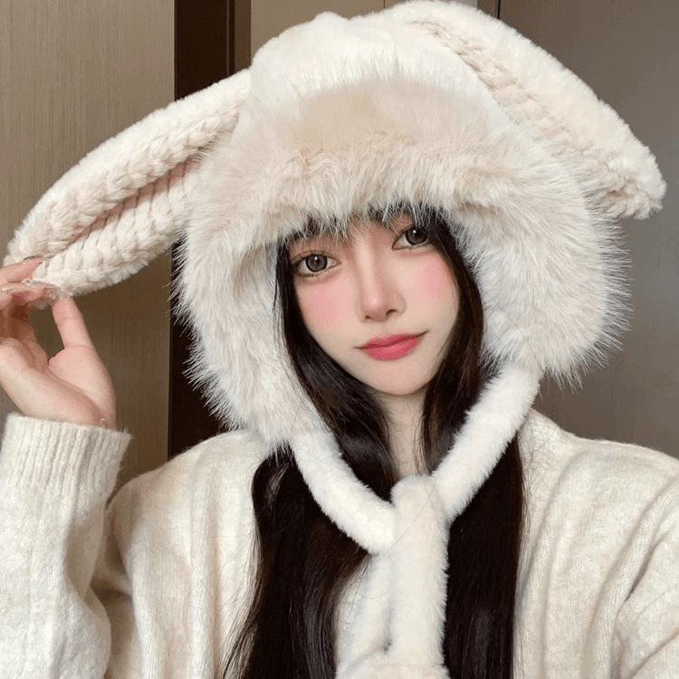 毛茸茸帽子女冬季秋冬毛绒款兔耳朵大头围加厚保暖针织毛线雷锋帽