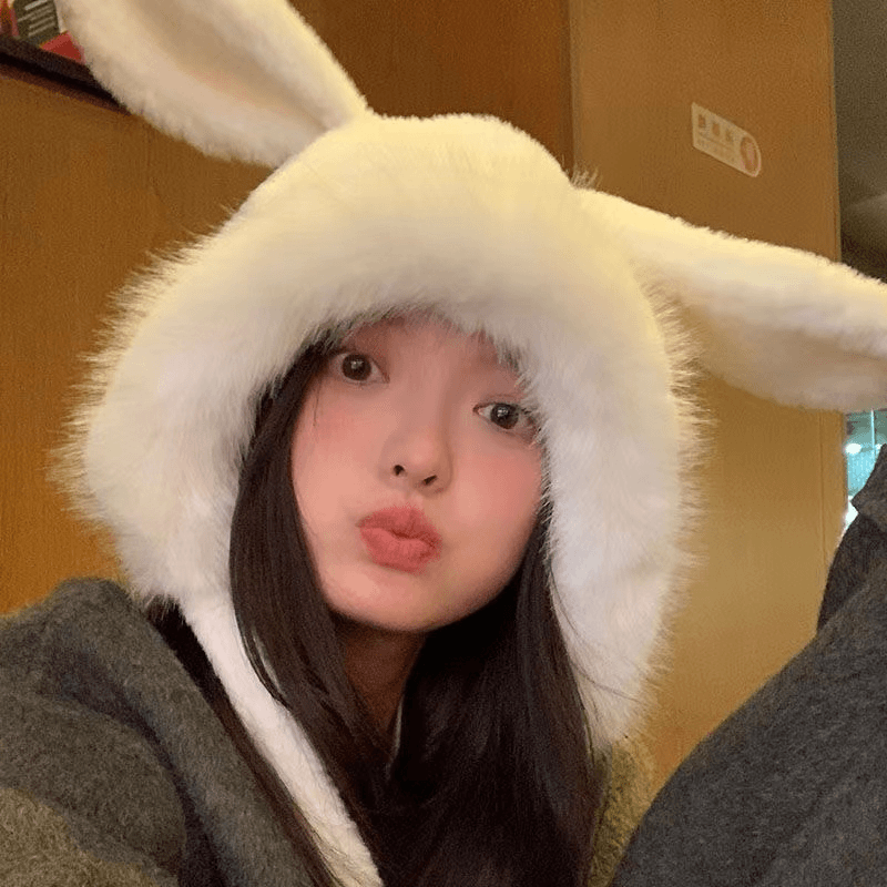 毛茸茸帽子女冬季秋冬毛绒款兔耳朵大头围加厚保暖针织毛线雷锋帽