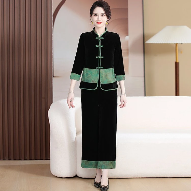 中老年妈妈装春秋装金丝绒套装新中式中老年女装春秋款外套民族风