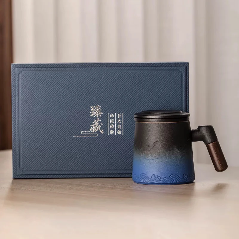 臻藏渐变蓝办公杯礼盒装-陶瓷过滤泡茶杯大容量茶水分离马克杯