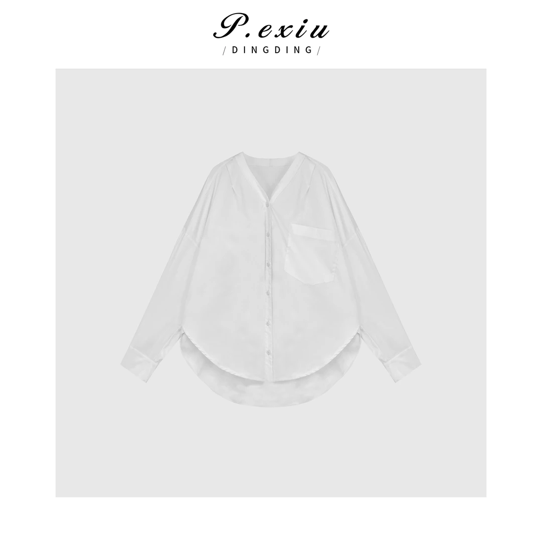 PanYiXiu/潘依绣极简风都市通勤设计感V领夏季长袖衬衫 W-61862