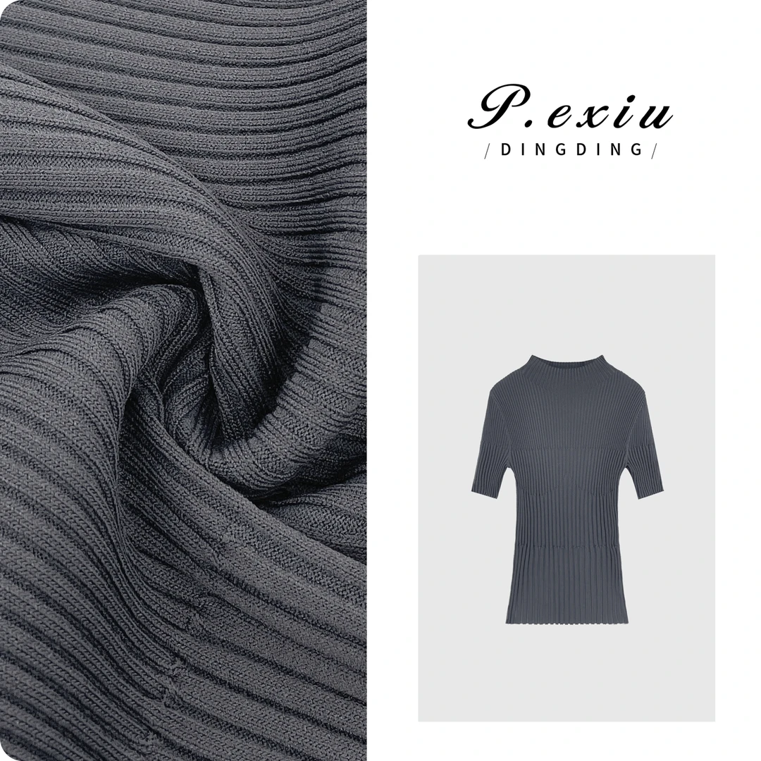 PanYiXiu/潘依绣半高领坑条简约修身中袖针织上衣 D385