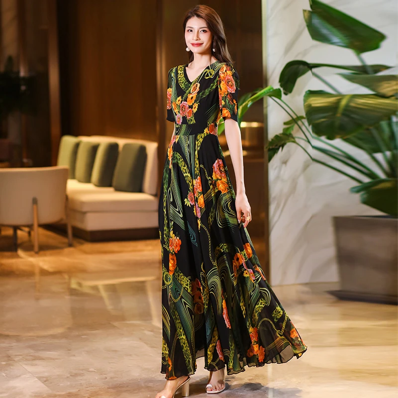 依妃绣 高级感女装v领印花连衣裙2024新款夏季优雅显瘦复古名媛