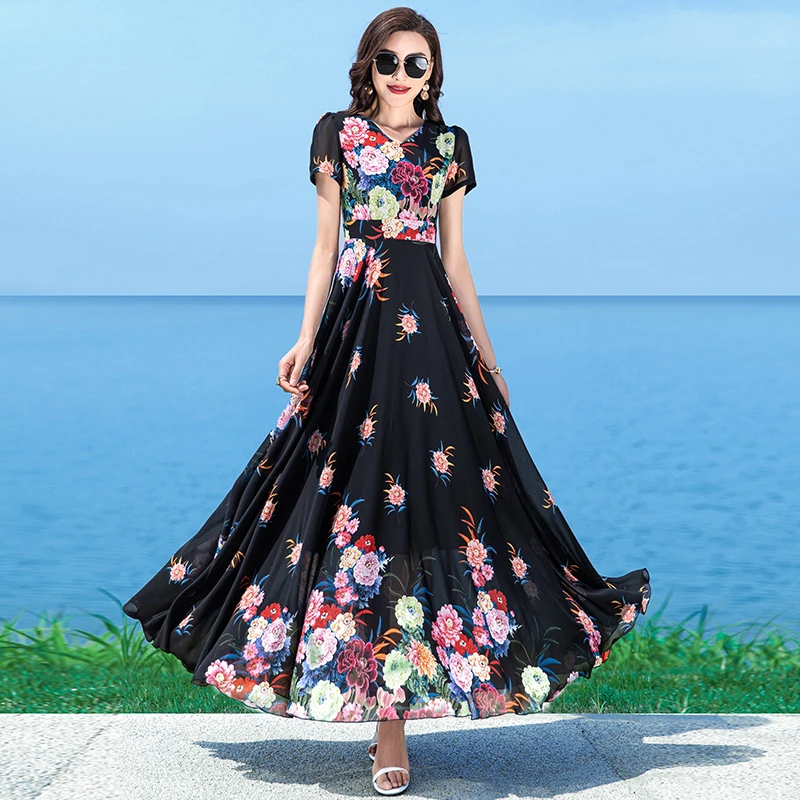 定位花春夏季新款V领优雅高端轻奢气质修身显瘦过膝度假大摆长裙