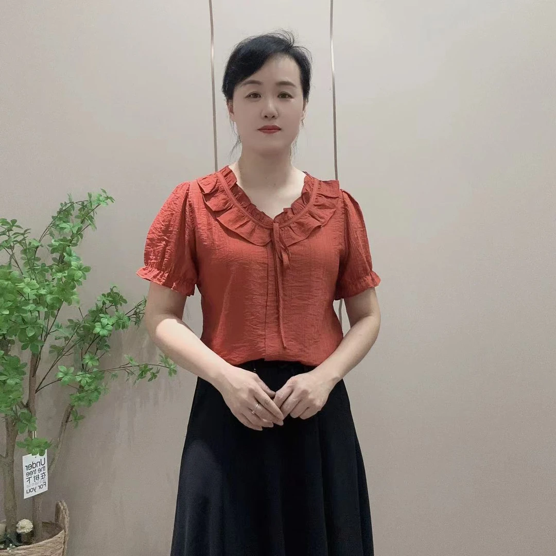 荷叶领新款短袖衬衫衣长57-60-2024女洋气宽松V领上衣610