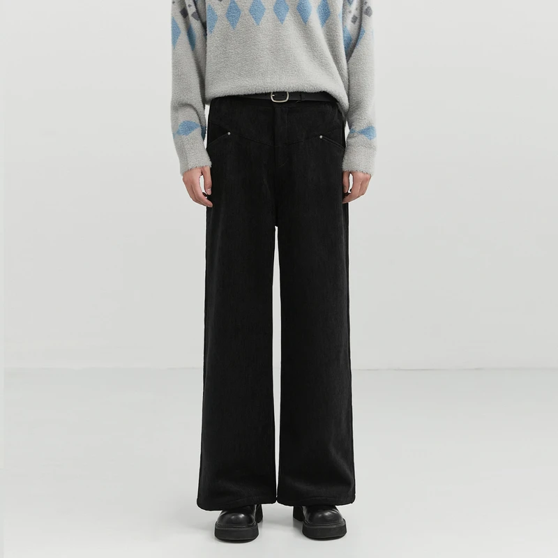 伯爵卓尔初冬加绒百搭直筒微阔版型纯色黑色宽松休闲裤F441795