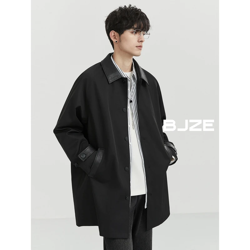 BJZE春季新款百搭痞帅一手长韩版帅气翻领撞色马肯风衣男D413143