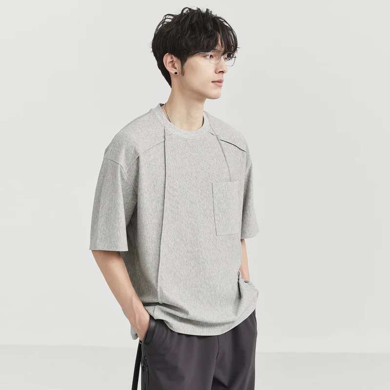 BJZE褶皱圆领口袋短袖T恤男夏季薄款宽松半袖纯色体恤上衣T421196