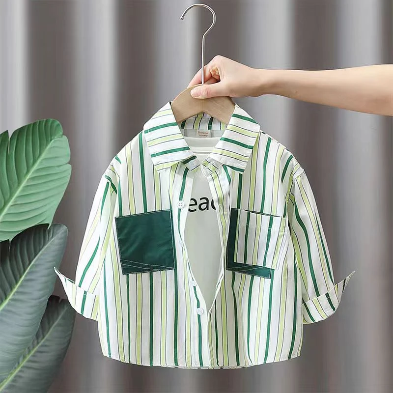 男童衬衫2025秋季新款中小童洋气条纹长袖衬衣男宝帅气春秋装上衣