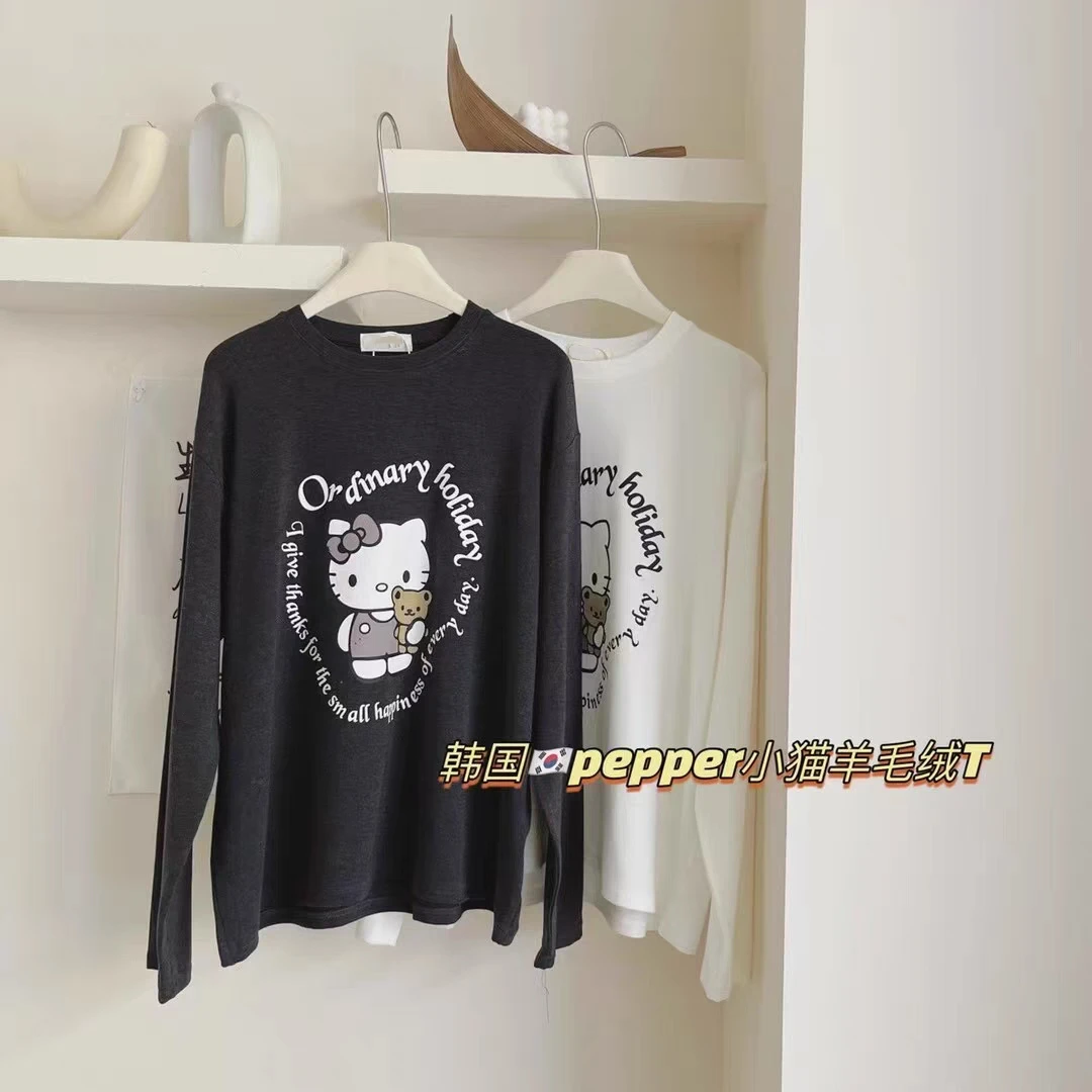 手感好到没朋友 韩代24冬 宽松百搭休闲卡通印花羊绒长袖打底T恤