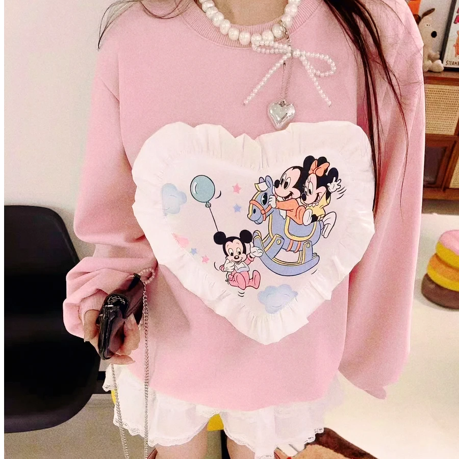 韩代24秋新款甜美减龄爱心卡通印花圆领套头卫衣女 上衣