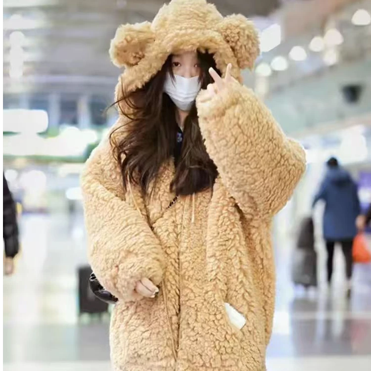 现 24冬 巨巨巨可爱考拉耳朵咖色连帽羔羔毛绒外套女 上衣