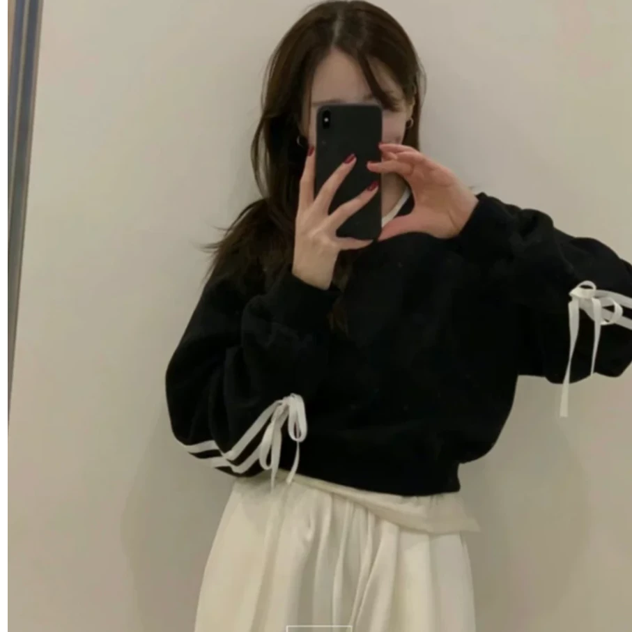 24早秋韩代新款 拼接系带长袖卫衣女设计感短款上衣