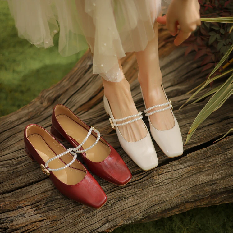 法式复古浅口方头粗跟减龄百搭优雅中跟温柔仙女风珍珠玛丽珍单鞋