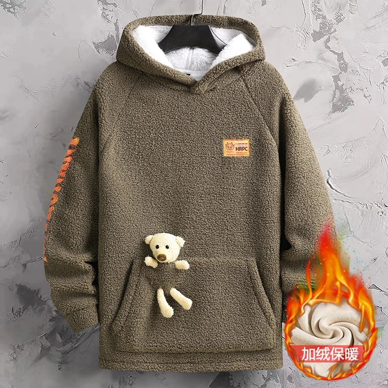 冬季加厚保暖休闲卫衣加绒学生羊羔绒连帽百搭套头加厚宽松打底