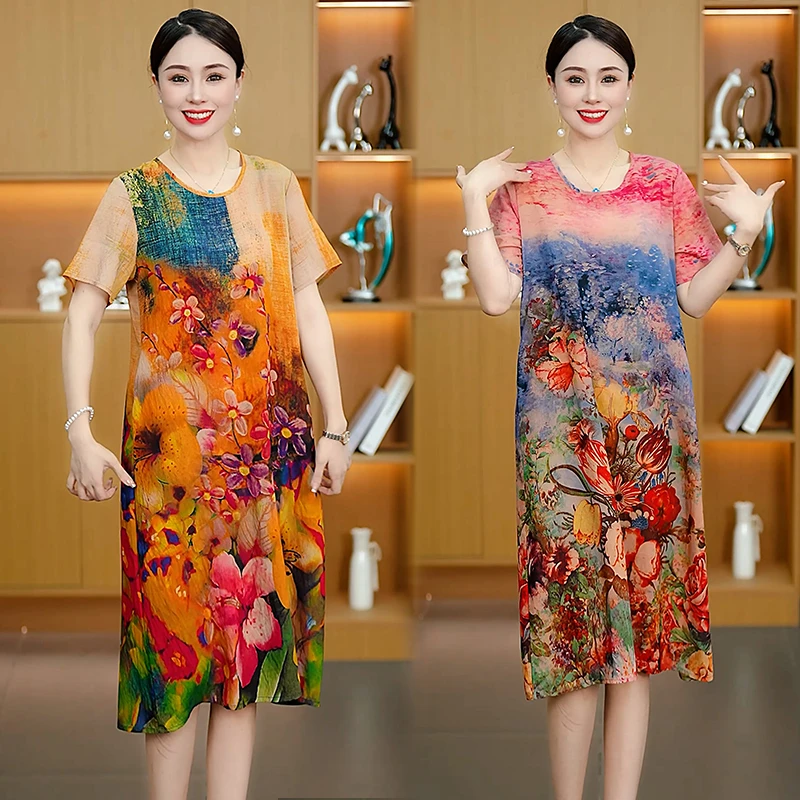 时尚洋气碎花连衣裙妈妈装宽松休闲大码印染拼色中长款裙子