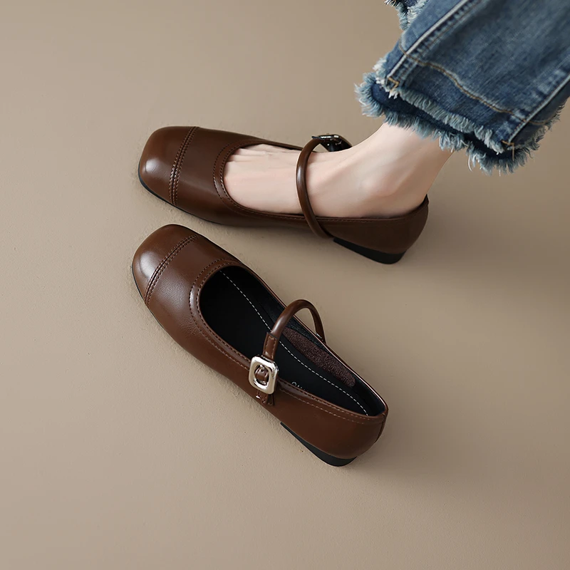 法式羊皮玛丽珍鞋女2025款平底单鞋一字带浅口奶奶鞋春秋百搭软底